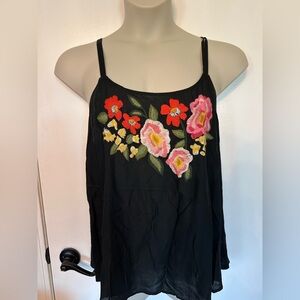 Floral Embroidered boho chic Black Camisole Top Size L #1805